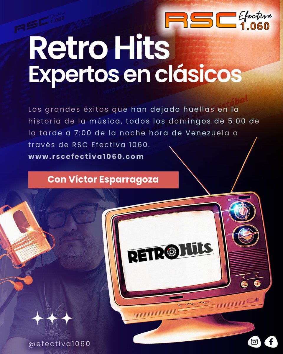 ProduccionesFC's tweet photo. RETRO HITS
EXPERTOS EN CLÁSICOS 
Con Víctor Esparragoza Sanabria,
Todos los domingos de 5 a 7 de la noche por https://t.co/w8WmJCuzRZ 
La radio de los gochos en el mundo!
Detona recuerdos imborrables con exitos de los años dorados de la música mundial. https://t.co/F6QfPsRHkh