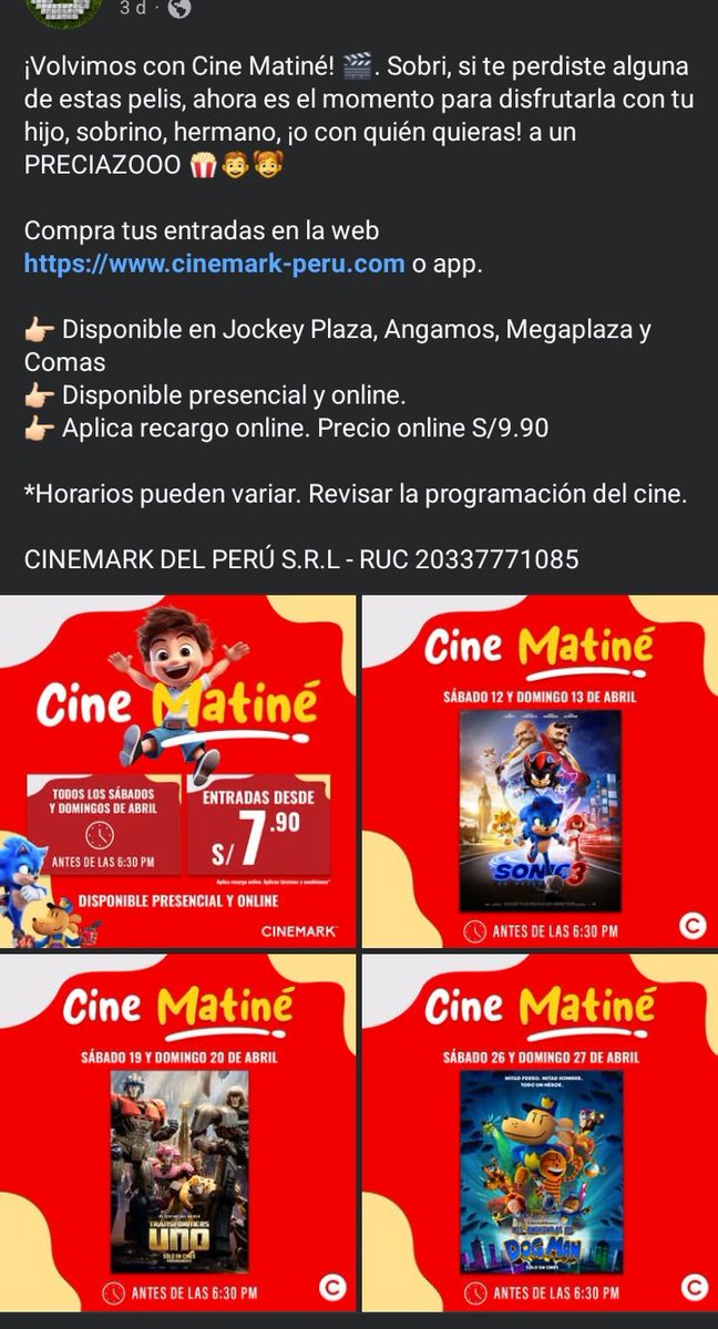 Humber521's tweet photo. Porque no hay primera sin segunda, Cinemark Perú de nuevo reestrenará Transformers Uno por este fin de semana, espero que aquellos que no hayan podido asistir la primera vez puedan hacerlo en esta ocasión.
@TF_Noticias_ES @FlatuPrime https://t.co/iN9yyL3QH2