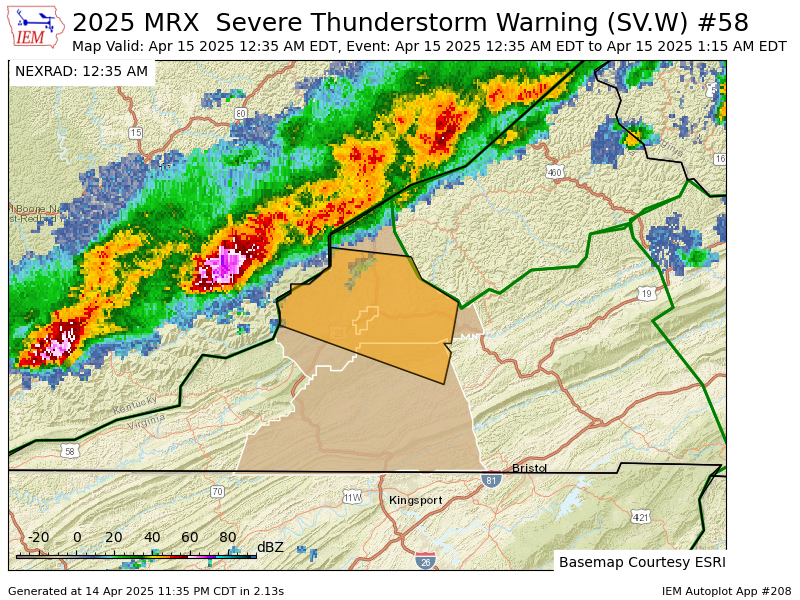 VictoriaCavWx's tweet photo. MRX issues Severe Thunderstorm Warning [wind: 60 MPH (RADAR INDICATED), hail: 1.25 IN (RADAR INDICATED)] for City of Norton, Scott, Wise [VA] till 1:15 AM EDT https://t.co/s8IYb23Agg https://t.co/zugs1XCB6d