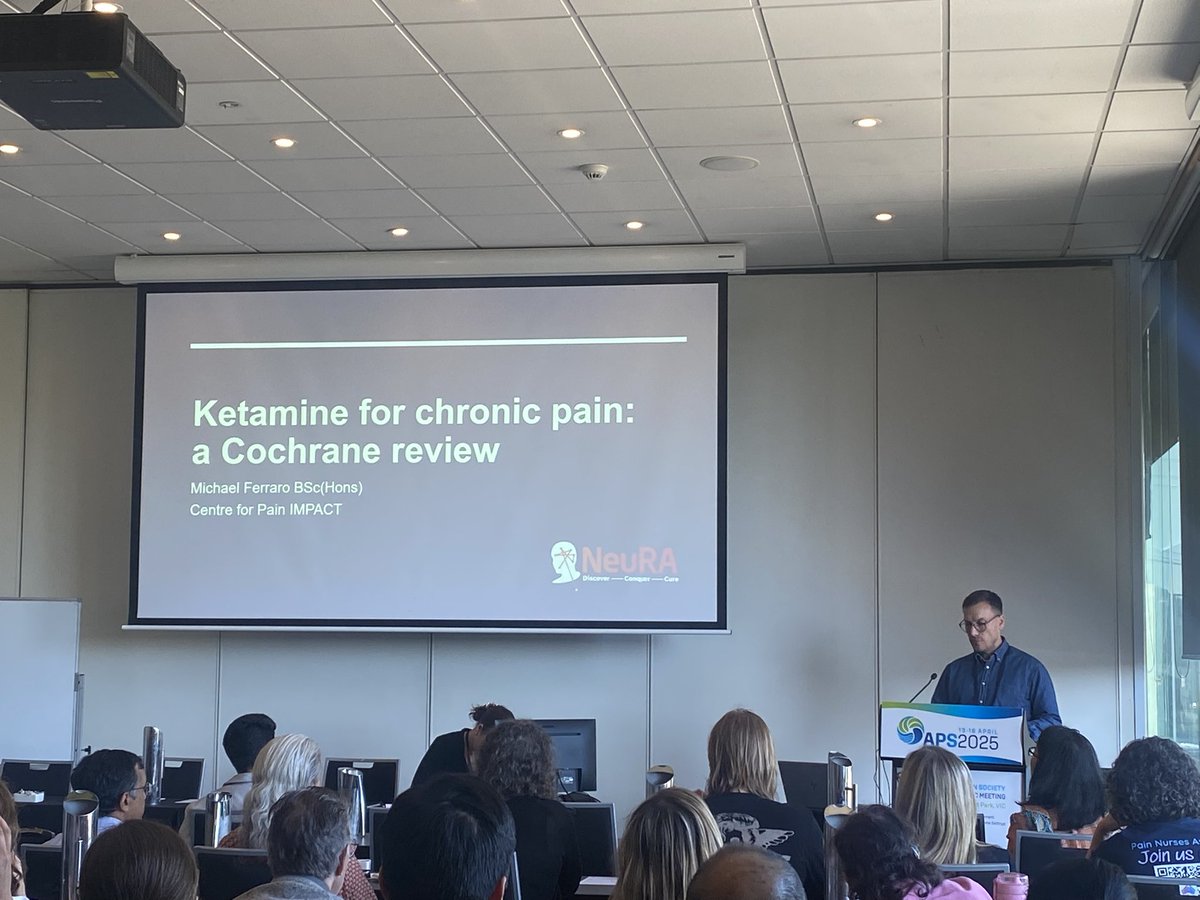 Harrison Hansford (@hjhansford) on Twitter photo Fascinating talk from <a href="/mcferraro_/">Michael Ferraro</a> about his work on a Cochrane review on Ketamine for chronic pain. Evidence is still very uncertain and influential studies excluded for trustworthiness concerns.
<a href="/PainIMPACTNeuRA/">Centre for Pain IMPACT</a> Fascinating talk from <a href="/mcferraro_/">Michael Ferraro</a> about his work on a Cochrane review on Ketamine for chronic pain. Evidence is still very uncertain and influential studies excluded for trustworthiness concerns.
<a href="/PainIMPACTNeuRA/">Centre for Pain IMPACT</a>