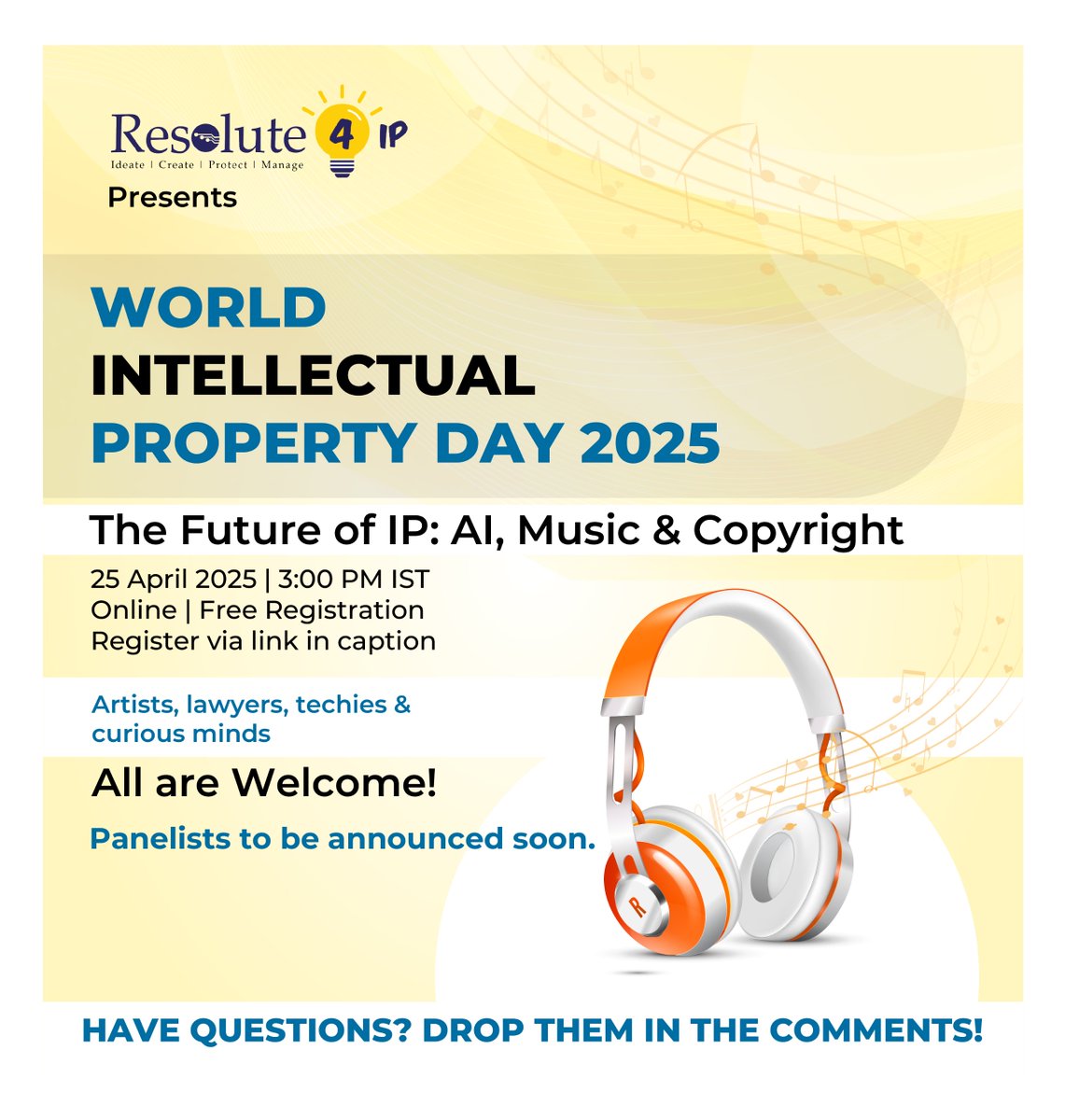 resolute4ip's tweet image. 𝗥𝗲𝘀𝗼𝗹𝘂𝘁𝗲𝟰𝗜𝗣 is proud to present a panel on the Future of IP on the occasion of 𝗪𝗼𝗿𝗹𝗱 𝗜𝗣 𝗗𝗮𝘆!

#WorldIntellectualPropertyOrganization – WIPO
Link for Registration:
forms.gle/r62EfXEKM9c4Lb…

#copyright #intellectualproperty #Resolute4IP #IPServices #worldipday