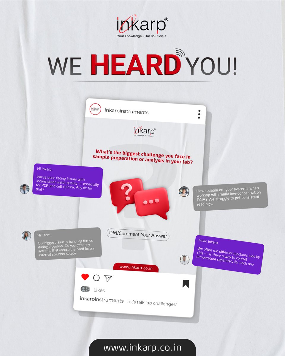 inkarpindia's tweet image. We HEARD You! 

Thanks for sharing your lab prep &amp;amp; analysis challenges from PCR water issues to DNA quant woes.

Your input matters, and solutions are coming soon!

#WeHeardYou #LabSolutions #InkarpInstruments #LabLife #ResearchReady #ScientificChallenges