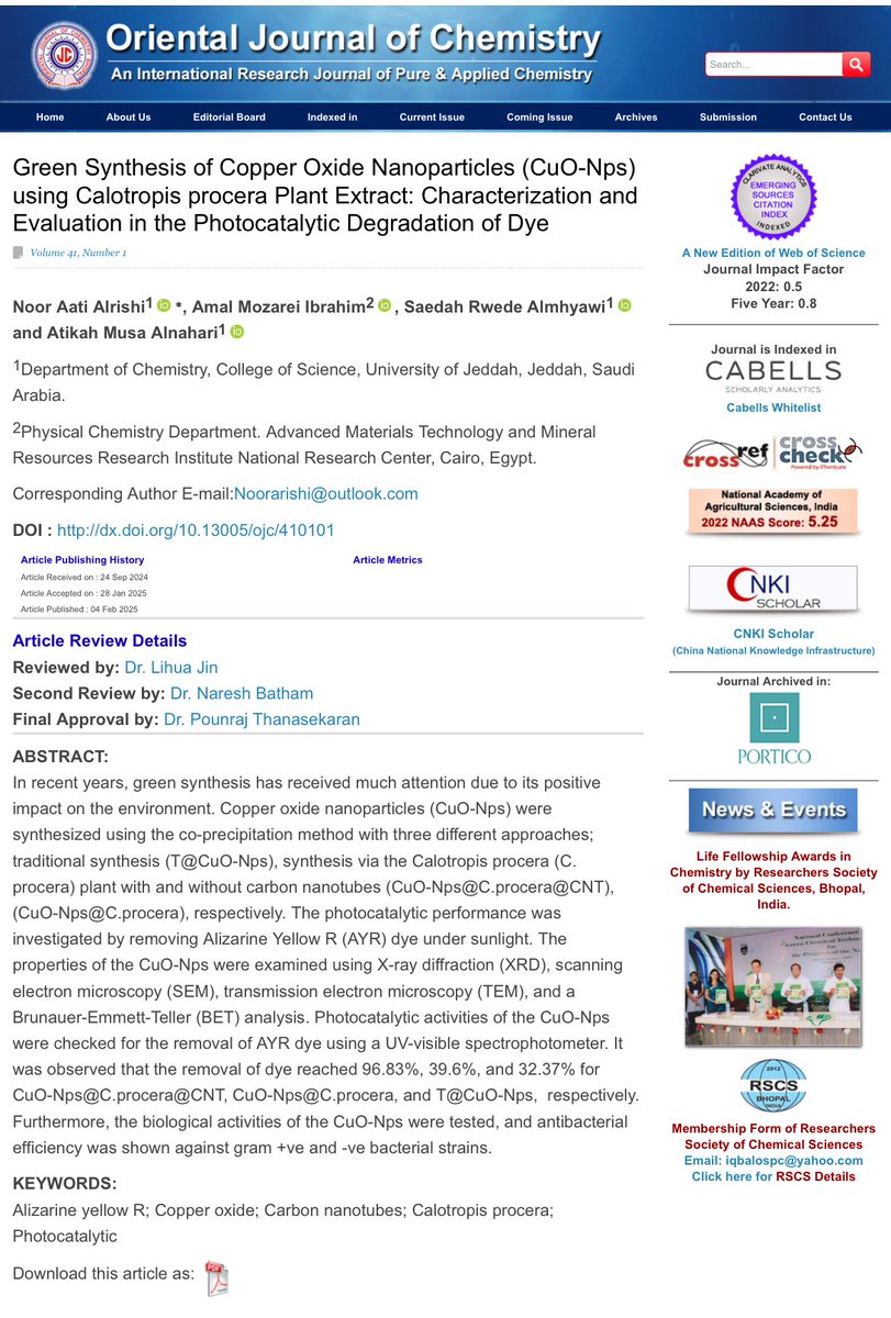 الحمدلله تم نشر بحثي الثاني بعنوان "التحضير الاخضر لجسيمات أكسيد النحاس النانوية باستخدام مستخلص نبات العُشر؛ توصيفه وتقييمه الضوئي في ازالة صبغة عضوية"، البحث اللي جلست فيه ساعات في الشمس يرى النور اليوم الحمدلله🌞🥹❤️ orientjchem.org/vol41no1/green…