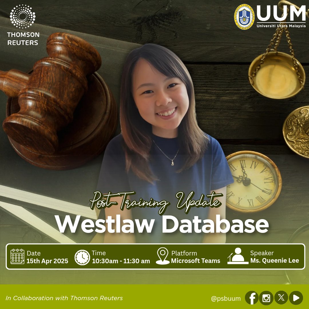 psbuum's tweet photo. 15th April 2025
10:30 am – 11:30 am

🎓LIBRARY TRAINING

🖥️Module: Westlaw Database 
👩🏻‍🏫Trainer: Ms. Queenie Lee 
👩🏻‍🎓Participants: Undergraduate Students &amp; Academics
💼Organizer: Perpustakaan Sultanah Bahiyah
🪄In Collaboration with: Thomson Reuters https://t.co/llyZZcdolk