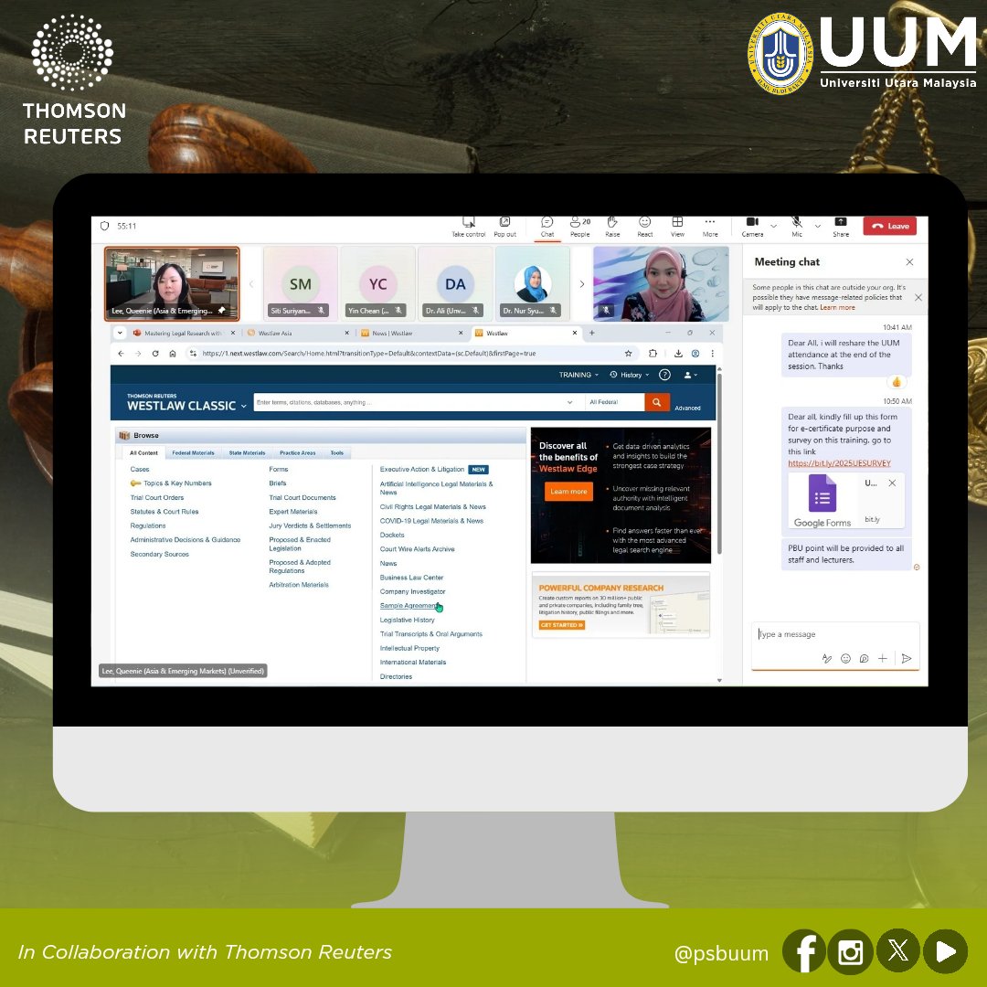 psbuum's tweet photo. 15th April 2025
10:30 am – 11:30 am

🎓LIBRARY TRAINING

🖥️Module: Westlaw Database 
👩🏻‍🏫Trainer: Ms. Queenie Lee 
👩🏻‍🎓Participants: Undergraduate Students &amp; Academics
💼Organizer: Perpustakaan Sultanah Bahiyah
🪄In Collaboration with: Thomson Reuters https://t.co/llyZZcdolk