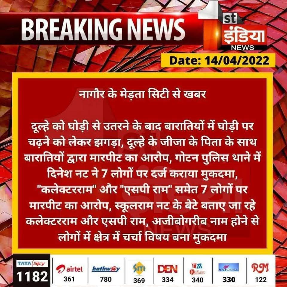 “स्कूल राम” के बेटे “कलेक्टर राम” और “एसपी राम” के ख़िलाफ़ नागौर जिले के गोटन पुलिस थाना में मुकदमा हुआ दर्ज

घोड़ी 🐎 पर चढ़ने को लेकर हुआ था झगड़ा😂😂
ऐसे नाम सुने हे कही पर आपने
