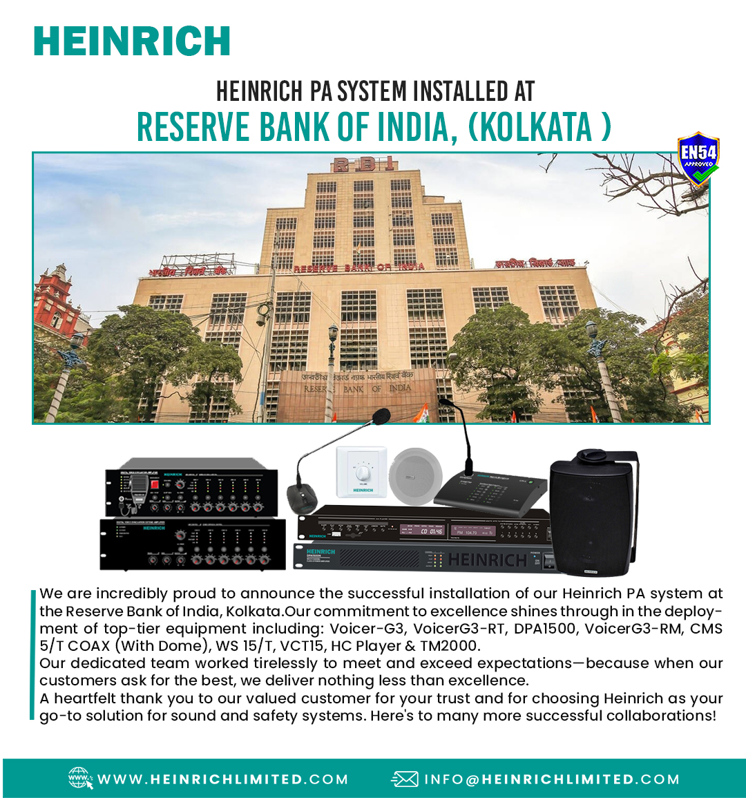 HEINRICHmarket's tweet image. We are incredibly proud to announce the successful installation of our Heinrich PA system at the Reserve Bank of India, Kolkata.Our commitment to excellence shines through in the deployment of top-tier equipment including.
#heinrichlimited #pasystem #safetysystem #rbikolkata