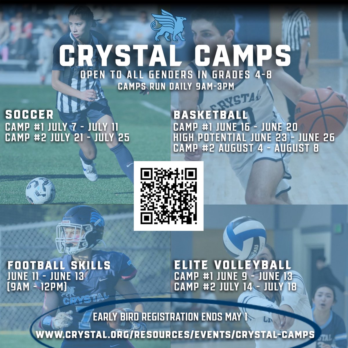 gogryphons's tweet photo. Come join us this summer at Crystal. We have a great lineup of camps all summer long! Come see what being a Gryphon looks like with our amazing scholar athletes and coaches. Scan the QR code or visit our camp site for more details and sample camp schedules. #gryphonsrising https://t.co/OsGtuqd6cm