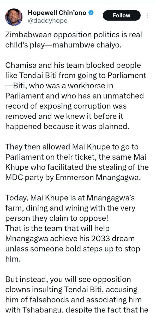 When Chabangu was happening,Hopuwero said Chabangu had genuine grievances,we told him that he was just a political fraudster 4 zanupf-Lacoste,he didn't listen,only to make a U-turn after Chabangu mission was conplete

Fact;Biti was defeated by Rusty Markham,Biti was never barred