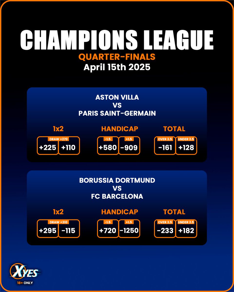 Xyes_com's tweet image. ⚽ Champions League Quarter-Finals! 🏆

Aston Villa vs PSG ⚡
Dortmund vs Barcelona 💥

Pick your side &amp;amp; place your bet! 👇
xyes.com/sports/

#ChampionsLeague #FootballOdds