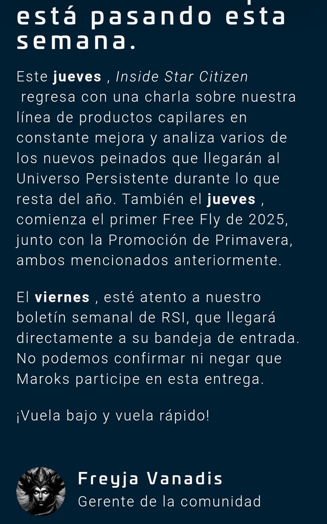#StarCitizen This Week in Star Citizen 04/14/2025
robertsspaceindustries.com/en/comm-link/t…
Jueves: Inside con los nuevos peinados 😐 y comienzo del free fly.