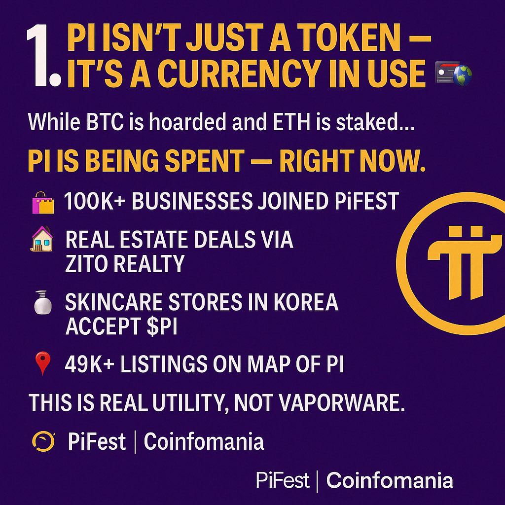 Tanner5252's tweet photo. 1. Pi Isn’t Just a Token — It’s a Currency in Use 💳🌍
While BTC is hoarded and ETH is staked…
Pi is being SPENT — right now.
• 100K+ businesses joined PiFest 🛍️
• Real estate deals via Zito Realty 🏠
• Skincare stores in Korea accept $PI 🧴
• 49K+ listings on Map of Pi 📍
This is real utility, not vaporware.