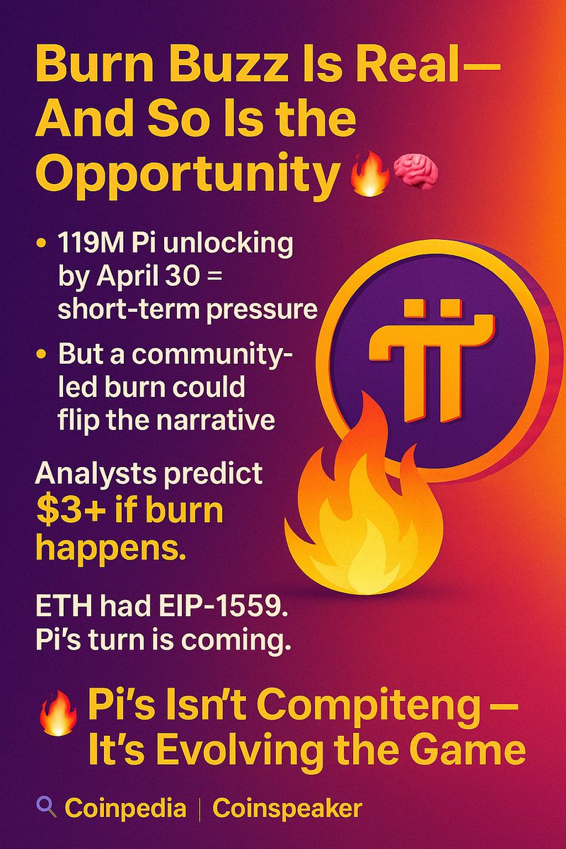 Tanner5252's tweet photo. 3. Burn Buzz Is Real — And So Is the Opportunity 🔥🧠
• 119M Pi unlocking by April 30 = short-term pressure ⏳
• But a community-led burn could flip the narrative
Analysts predict $3+ if burn happens.
ETH had EIP-1559. Pi’s turn is coming. https://t.co/bl3wXqqgNm