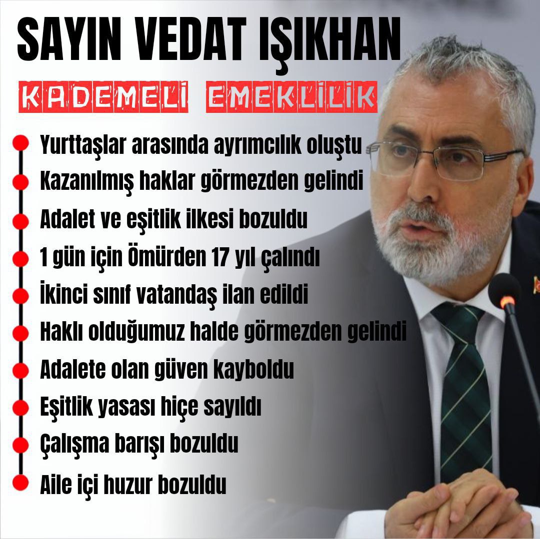 İş barışı bozuldu 
Kademeli emeklilik anayasal haktır 
<a href="/isikhanvedat/">Prof. Dr. Vedat Işıkhan</a>
#KademeKanayanYaradır
