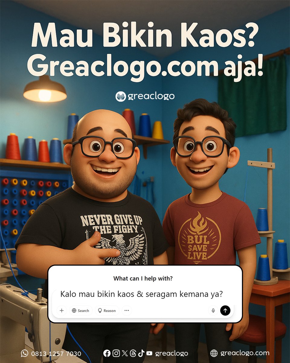 greaclogo's tweet image. ChatGPT pun setuju, kalo mau bikin Kaos &amp;amp; Seragam ya ke Greaclogo.com aja!

Model: @Nandorang  &amp;amp; @RoyHermans_ 

Mau Bikin Kaos &amp;amp; Seragam?
 aja!
WA 0813-1257-7030

#bikinkaos
#seragam