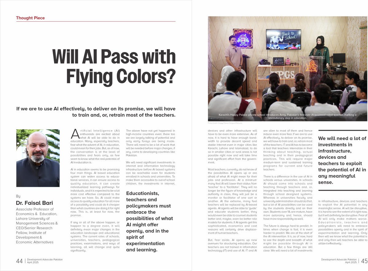 In the latest #UNDPinPakistan’s #DAPonAI Dr. <a href="/BariFaisal/">Faisal Bari</a>, Associate Professor of Economics and Education, Lahore University of Management Sciences <a href="/LifeAtLUMS/">LUMS</a> discusses the profound changes #AI could bring to the classroom, from expanding access and personalizing learning to