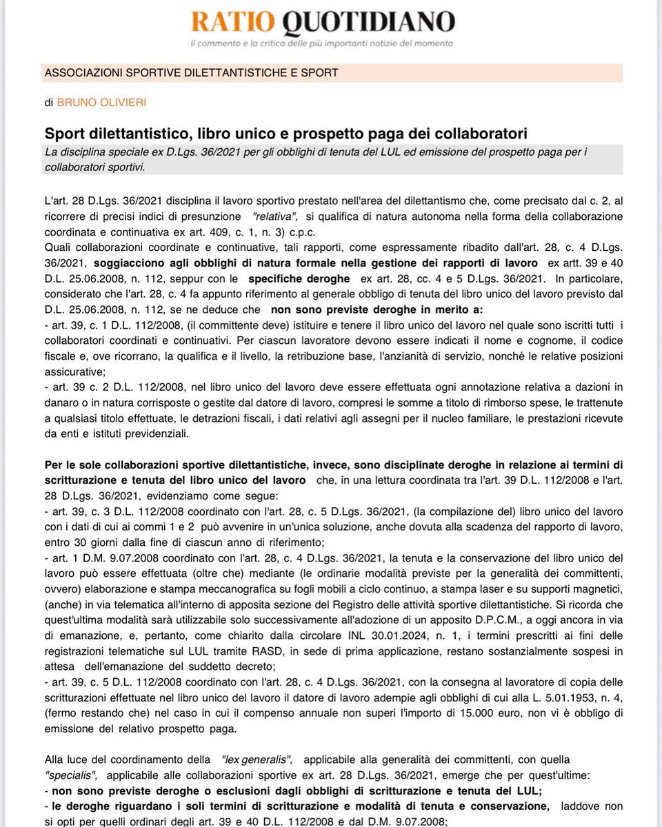 Per Sistema Ratio | Centro Studi Castelli sull’obbligo di scritturazione e tenuta del #LUL in riferimento alle #collaborazioni #sportive dilettantistiche.

#studiocommercialeolivieri
#linformalavoro
#professionistiaserviziodellaconoscenza