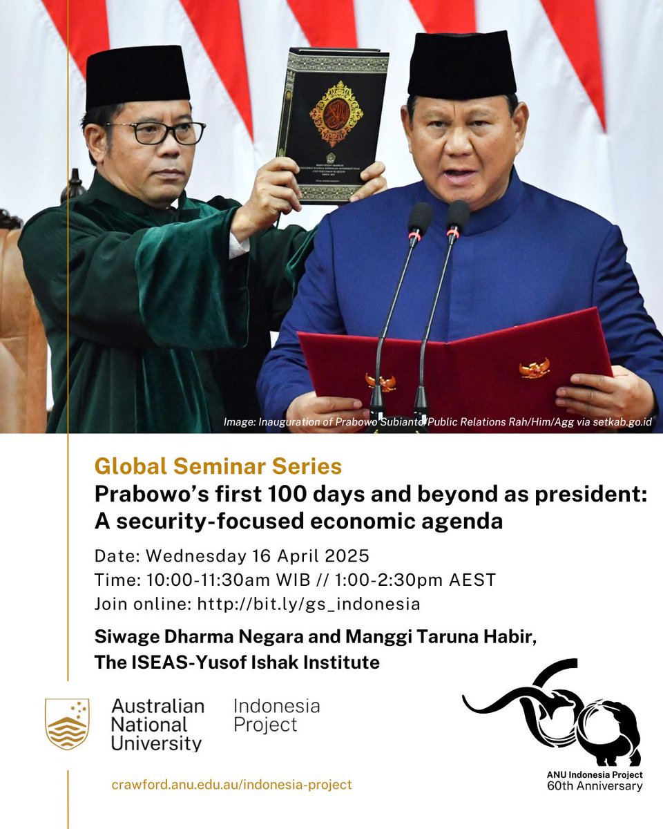 Tomorrow! Join Manggi Taruna Habir and Siwage Dharma Negara as they assess Indonesia’s economic performance during President Prabowo Subianto’s first 100 days in office. 
Wednesday, 16 April 2025
10:00 - 11:30 am WIB // 1:00 – 2:30 pm AEST
🔗 To join: bit.ly/gs_indonesia
