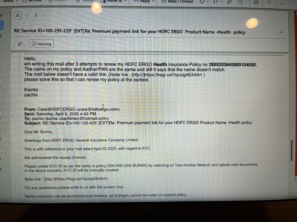Leosachin's tweet photo. After a month of writing mails and talking to Customer Care, was told yesterday that my policy cannot be renewed and I have to buy a new one. Can someone suggest what to do?? #hdfclife #customercare #scam #hdfcergo @HDFCLIFE @HDFCERGOGIC https://t.co/sJUaw3uYkD