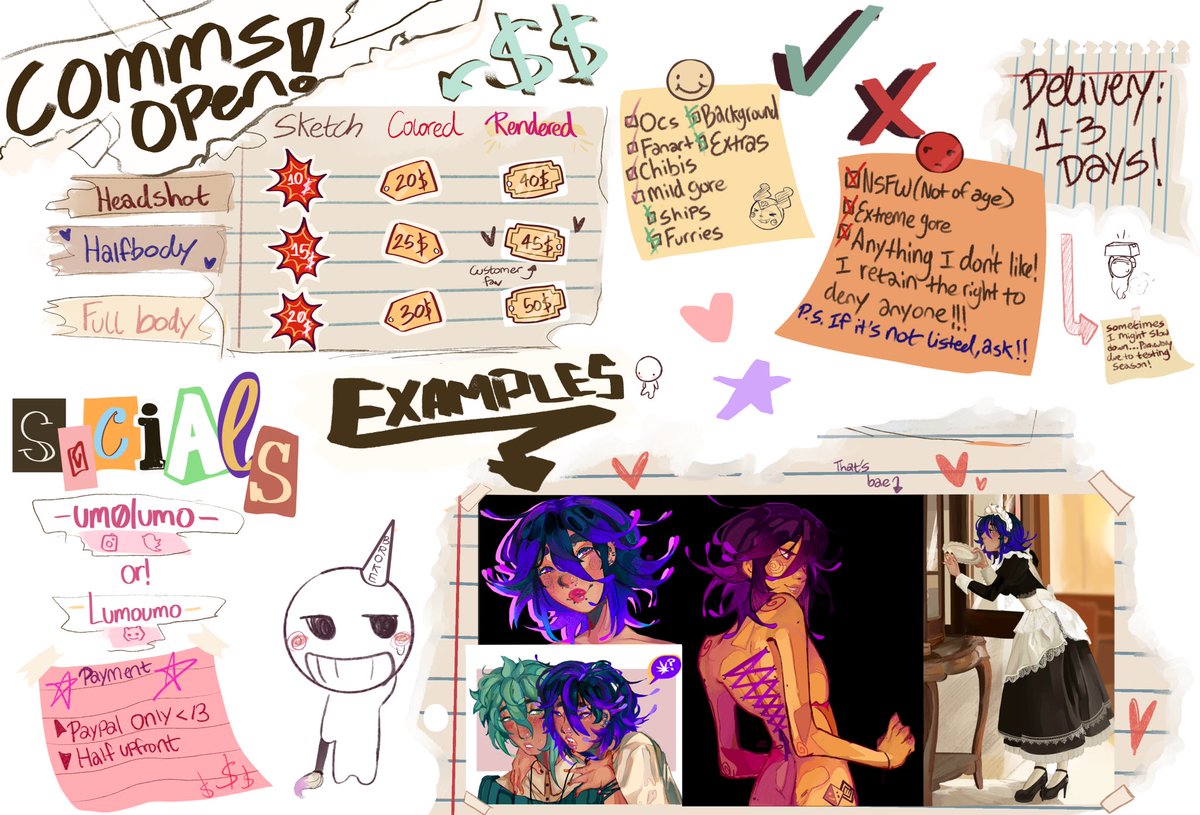 um0lumo's tweet image. Updated comms sheet..! Entering testing season as we speak but my bank account is in the double digits 🥀 close ups cause it feels cluttered okay I sleep now!