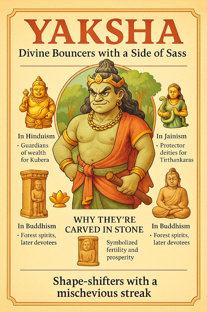 Yakshas—ancient India’s nature spirits who’d guard your gold and roast you for bad manners. 💪 That Kurukshetra pillar’s back home, but seriously, how’d we lose it for 50 years❓#YakshaVibes #HeritageSass #upscprelims2025