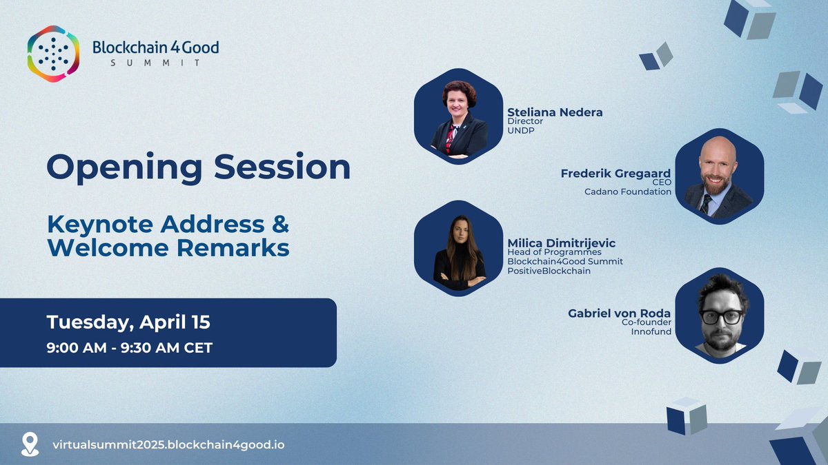 🎉We are LIVE! Join us today for the Blockchain4Good Summit opening session🚀

👉Streaming link: airmeet.com/e/7f6d9db0-d71…

We are pleased to present our esteemed keynote speakers:
🔹@Steliananedera, Director at <a href="/UNDP/">UN Development</a>
🔹<a href="/F_Gregaard/">Frederik Gregaard</a>, CEO at <a href="/Cardano_CF/">Cardano Foundation</a>

Welcome remarks to follow!