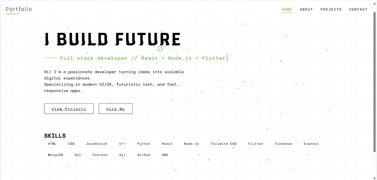 Day3 #100DaysOfCode 
Cooking something sleek

A futuristic home for my dev portfolio is in the works — built with React.

“I BUILD FUTURE” isn't just a tagline. It's a mission.

#webdev #indiedev #reactjs #flutter #buildinpublic