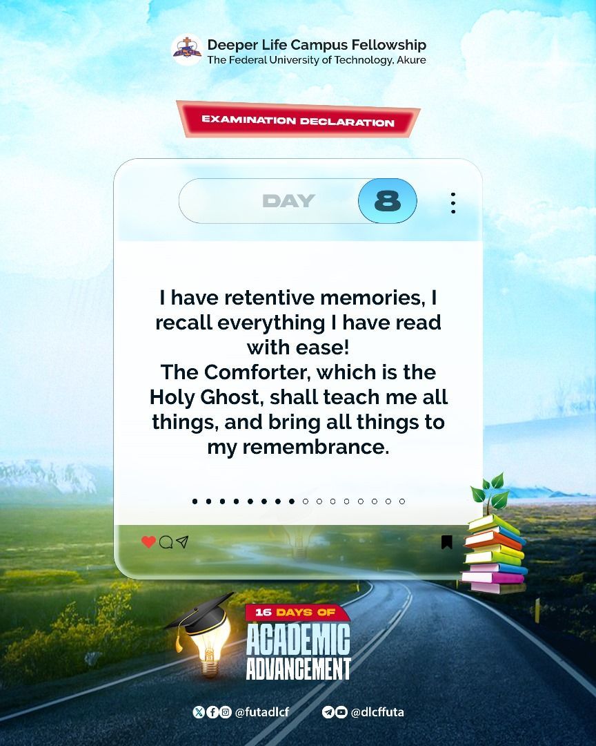 FutaDlcf's tweet photo. ππ§ Examination Day 8 π₯π
My memory is sharp and sound... The Holy Ghost helps me recall all I've read with ease ππ‘
#ExamDeclaration #iwrite5dotΒ #dlcffuta https://t.co/67dXXGMGUT