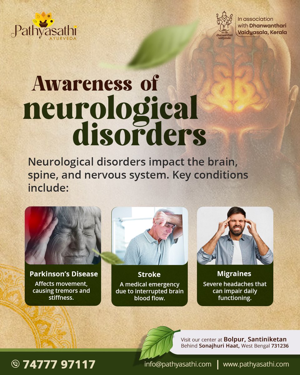 PathyaSathi's tweet photo. 📷 Awareness of Neurological Disorders 📷
Neurological disorders affect the brain, spine, and nervous system, significantly impacting quality of life.
For appointments, visit us: https://t.co/gZo6EZ12zl or call us at 074777 97117
#NeurologicalAwareness #PathyasathiAyurveda https://t.co/ScCR346IlN