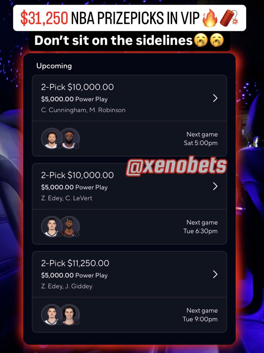 $31,250 PRIZEPICKS NBA IN VIP🔥🧨

Lock in here! ➡️ xenobets.com/free

$250 to a Follower that Likes &amp; Rts!

#prizepicks #prizepicksnba #GamblingX