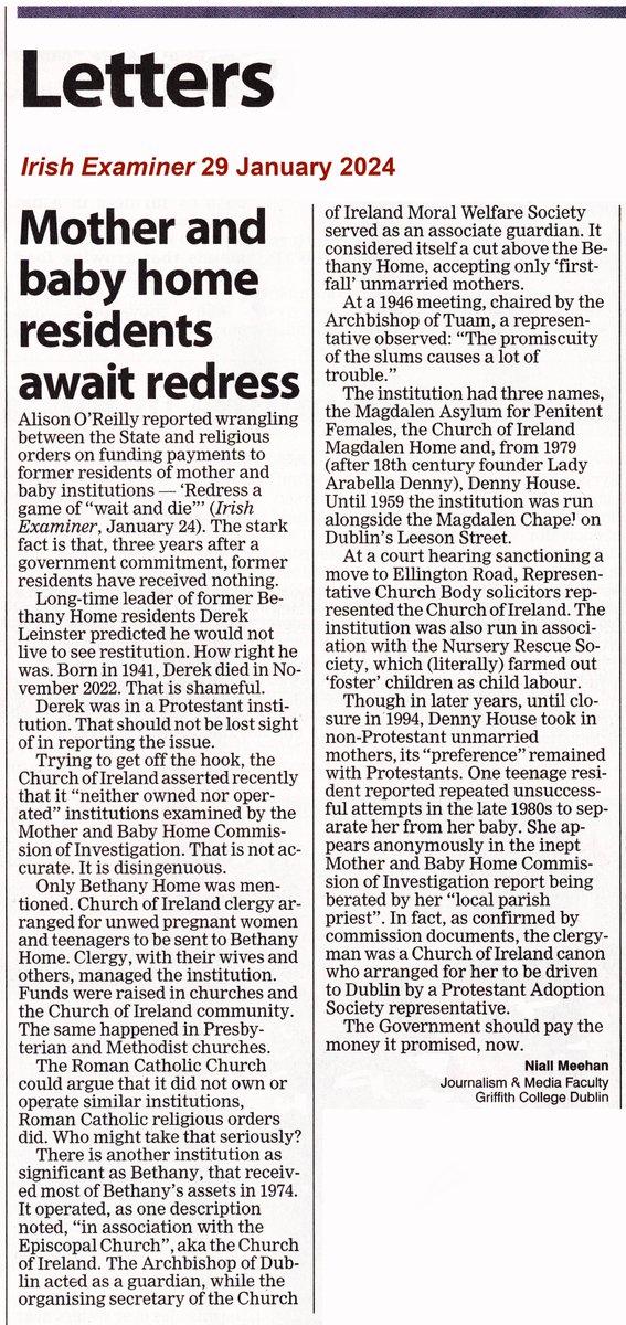 The Church of Ireland denied last week to Irish government involvement in three mother &amp; baby institutions. This Examiner letter 29 Jan 2024 explains involvement in Magdalen Asylum Lesson St Dublin. It included a CofI church. Known by that name 1795-1979, Denny House 1980-94.
