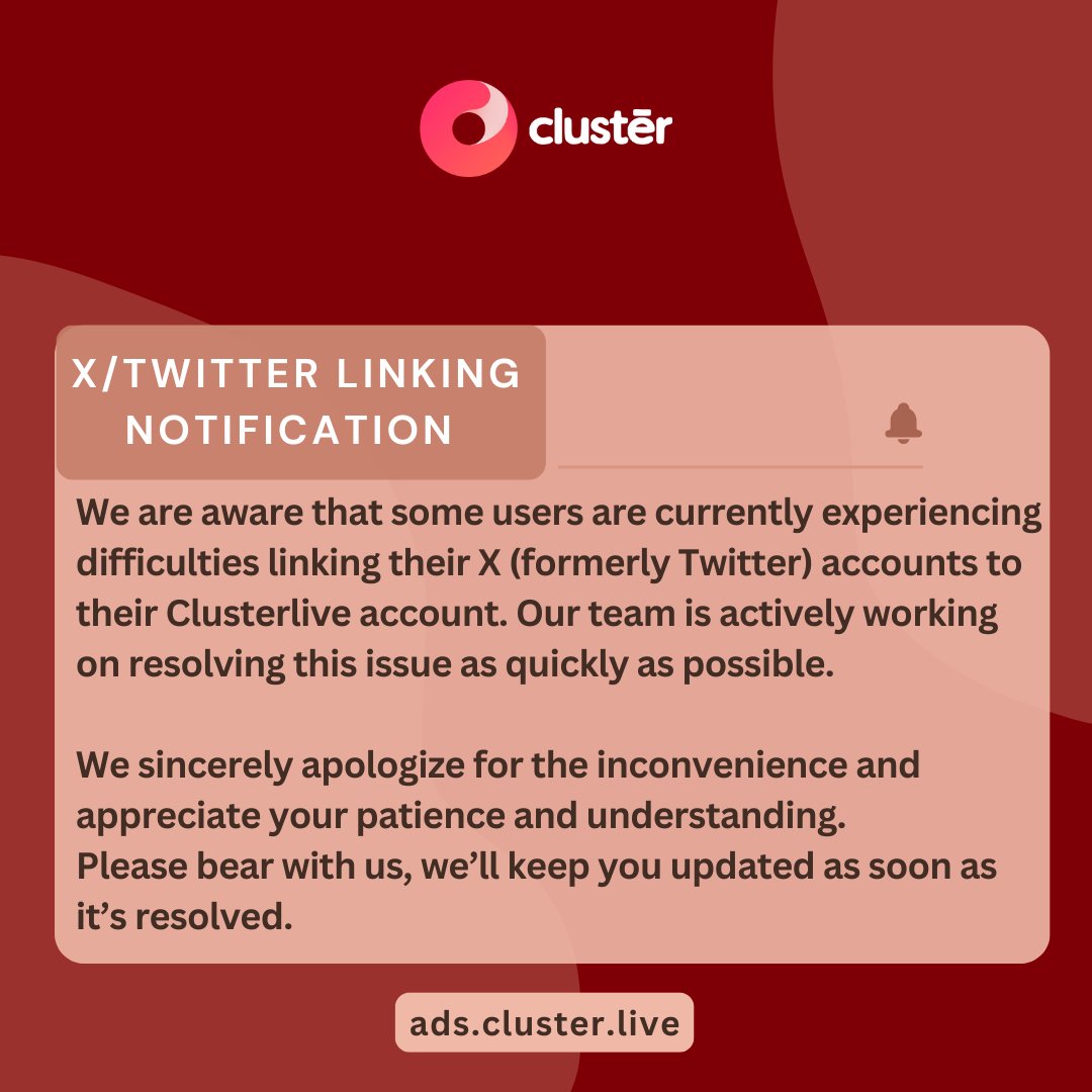 clusterliveapp's tweet photo. If you're currently experiencing some issues with linking X (formerly Twitter) accounts to Clusterlive. Our team is on it and working to resolve it as soon as possible. Thanks for your patience and understanding.
 #TwitterLinkingIssue #SocialMedia  #Tech #UserNotice #Clusterlive https://t.co/LyrS535p5M
