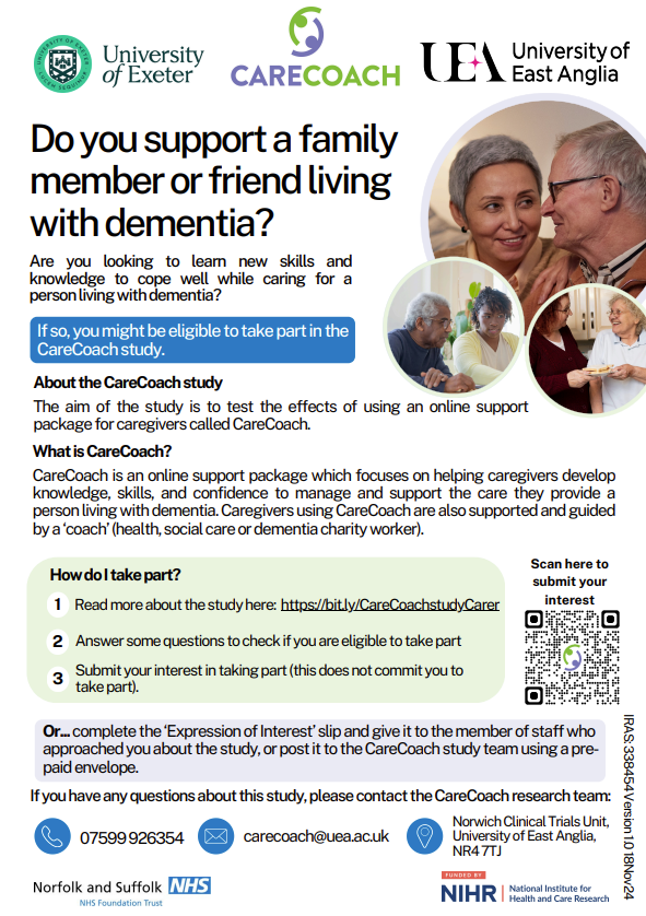 Do you support a family member or friend living with #dementia? 💭 

If you're looking to learn new skills and knowledge to cope well while caring for a person with dementia, you may be eligible to take part in this CareCoach #study.

Find out more here: norwichcrtu.uea.ac.uk/redcap/surveys….