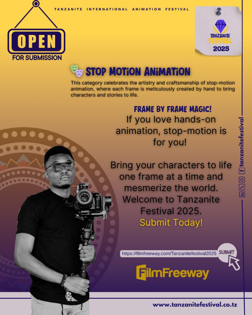Tanzanitefestiv's tweet photo. Are you a master of frame-by-frame magic? 

Tanzanite Festival 2025 is now open for submissions in the Stop-Motion Animation Short Film category! https://t.co/yVMS6YQIhk