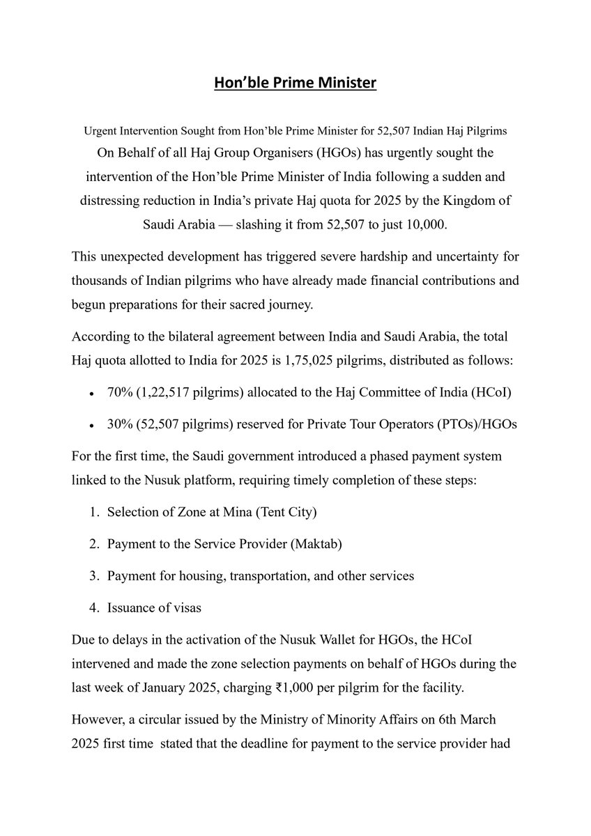Federationhajpt's tweet photo. @MOMAIndia Urgent appeal to @PMOIndia. 
Saudi Arabia has sudden cut of India's Private Haj Quota from 52,507 to 10,000 has left thousands of pilgrims in distress. We appeal your intervention to resolve this crisis. #hajj2025 #India https://t.co/FO73zJYd3B