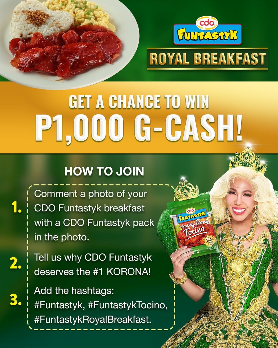 CDO_Foodsphere's tweet photo. Join the CDO Funtastyk Royal Breakfast for a chance to win ₱1k GCash! 

1) Just reply a photo of your CDO Funtastyk Young Pork Tocino breakfast with the pack in the photo
2) Answer why it deserves the #1 KORONA
3) Add hashtags #Funtastyk #FuntastykTocino #FuntastykRoyalBreakfast https://t.co/0wy9SupROA