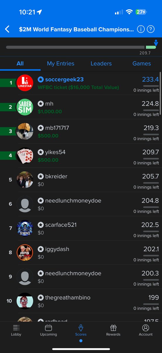 SoccerGeek_23's tweet photo. Let’s f**ing go! Another milestone achieved in DFS! It’s been a long journey with multiple top place finishes and nothing to show for it.
I finally won my first WFBC ticket!
Shoutout to @flattyler83 and everyone on the @LineStarApp team!
@FanDuel #DFS #WFBC #MLB https://t.co/e5jmQ6DdeF