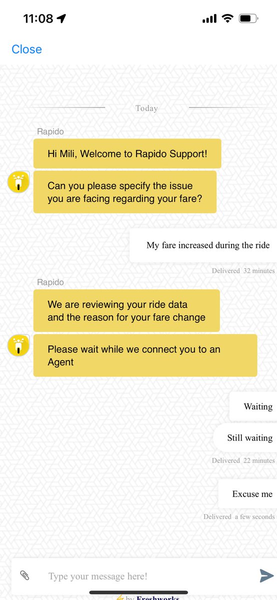 mili_doshi30's tweet photo. @rapidobikeapp I have been charged higher than my estimated fare and talking to your chat bot to resolve the issue is like talking to a wall. I’ve been on hold for 30 mins now can you please do something about this. It’s honestly pathetic the way yall work. https://t.co/mzK6sQhH3e