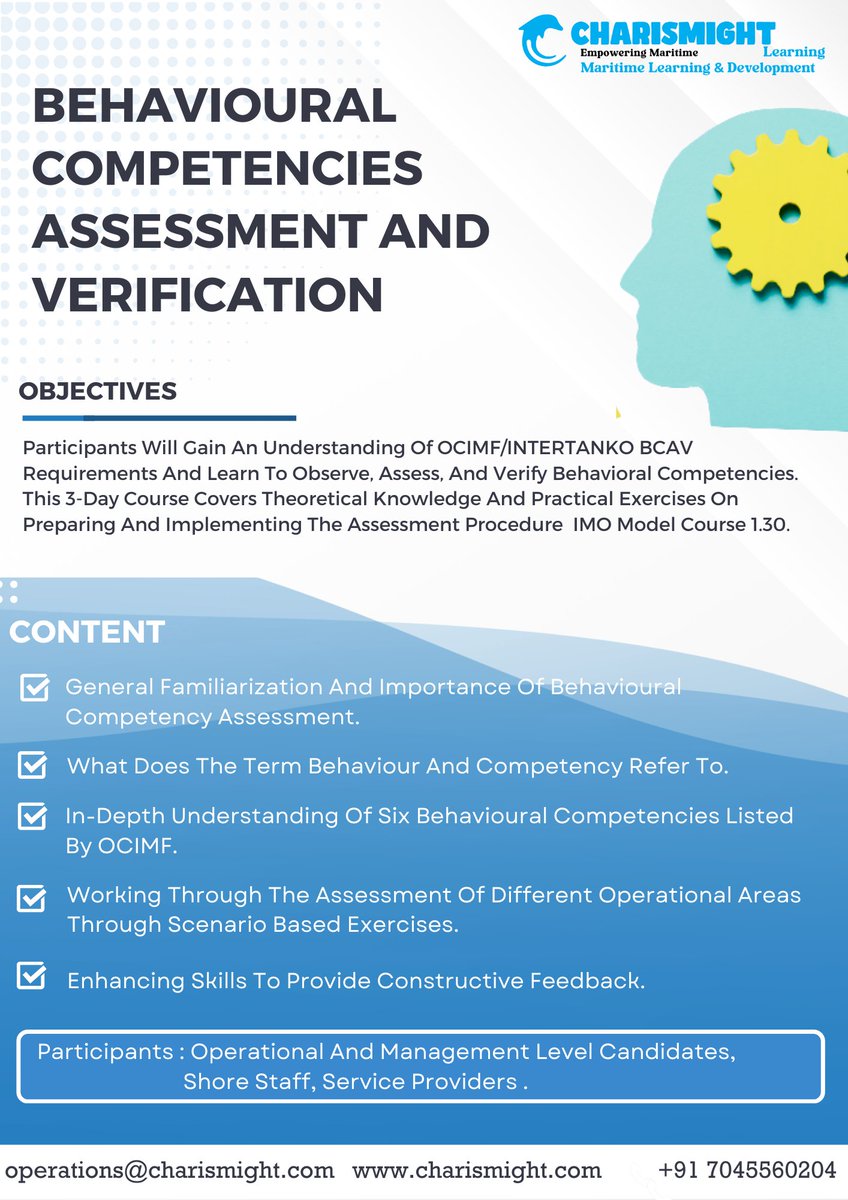 charismight's tweet photo. π’ BCAV Training β 3 Days
Learn to assess behavioural competencies (OCIMF/INTERTANKO, IMO 1.30)
π© operations@charismight.com | π https://t.co/eWiTxl4h3C | π +91 7045560204
#BCAV #MaritimeTraining #Charismight https://t.co/8UDz4UJCkY