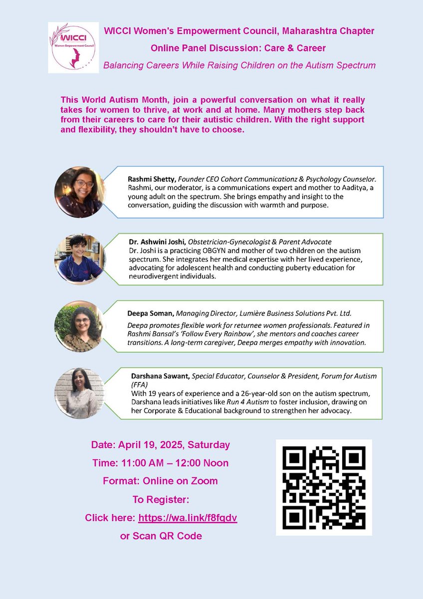 __WICCI__'s tweet photo. This #WorldAutismMonth, join the WICCI Women Empowerment Council (Maharashtra) for a panel on the challenges mothers &amp; caregivers face—and how they can continue their careers.
💬 RSVP: https://t.co/oLlz4olEpf
🔗 Zoom link on WhatsApp
👥 Let’s talk solutions, support &amp; solidarity https://t.co/63ihKGywpW