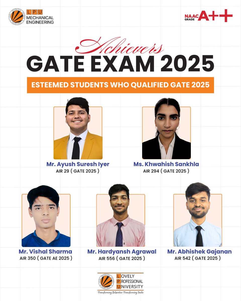 LPUMechanical's tweet image. We celebrate the stellar performance of our B.Tech Aerospace Engineering students who have successfully qualified the GATE 2025 (Aerospace Engineering) examination!
#LPUSME #AerospaceEngineering #GATE2025 #GATEAE #FutureOfFlight #StudentSuccess #ProudMoment