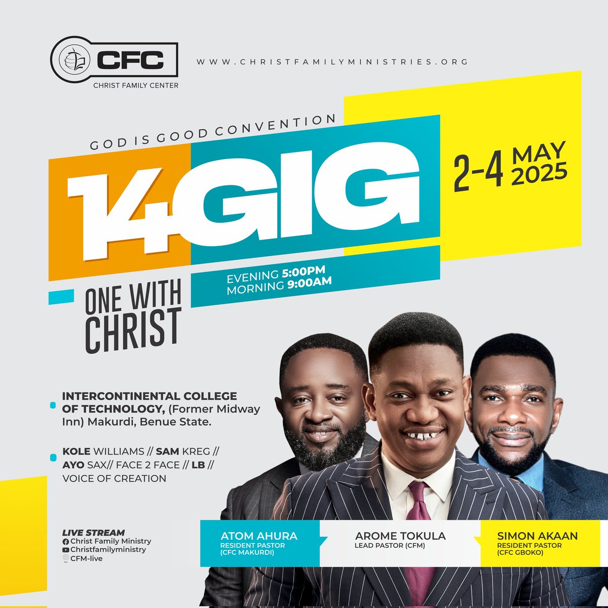 CFCMakurdi's tweet photo. There is an anointing when we gather; be intentional about receiving.

God is Good Convention 2025 is 17 days away! How excited are you about it?

#14GIG
#OnewithChrist
#PastorAromeTokula
#ChristFamilyMinistry
#LoveisKing https://t.co/eMaVyzTAma