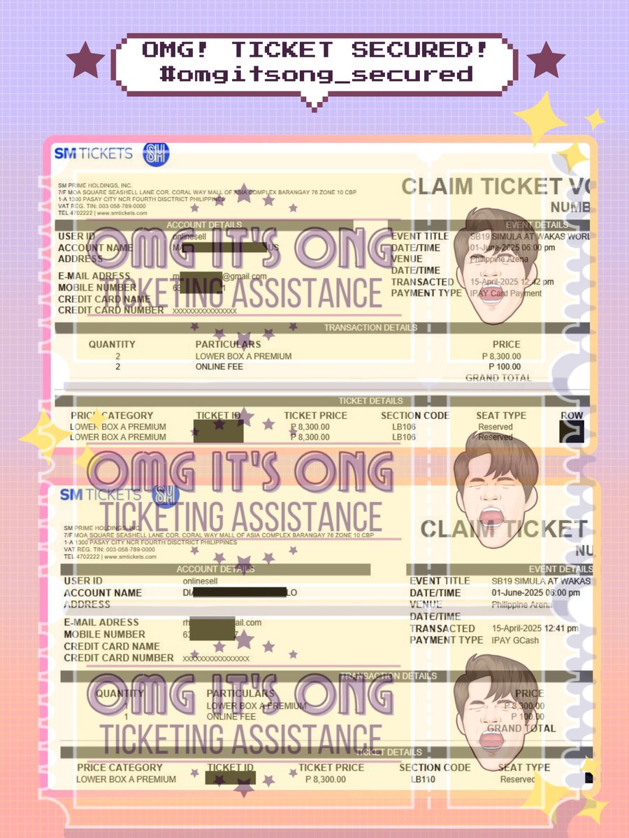 omgitsong_101's tweet photo. #OIO_proofs
OMG, Tickets secured for Simula at Wakas World Tour Kickoff - Day 2
āØTickets are secured under clients' details!
ā
LBA Prem - 4
ā
LBA Reg - 1
ā
LBB Prem - 2
āTICKETS ARE NOT FOR SALEā
#SimulaAtWakas #SB19
#SB19SimulaAtWakas #SB19SaW
#SaWWorldTour https://t.co/HgbhsNhTtB