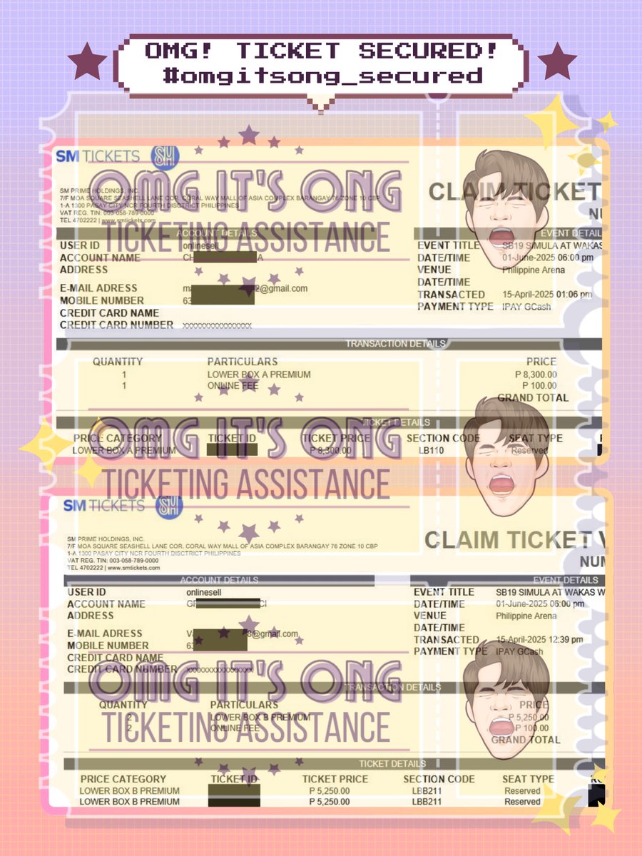 omgitsong_101's tweet photo. #OIO_proofs
OMG, Tickets secured for Simula at Wakas World Tour Kickoff - Day 2
āØTickets are secured under clients' details!
ā
LBA Prem - 4
ā
LBA Reg - 1
ā
LBB Prem - 2
āTICKETS ARE NOT FOR SALEā
#SimulaAtWakas #SB19
#SB19SimulaAtWakas #SB19SaW
#SaWWorldTour https://t.co/HgbhsNhTtB