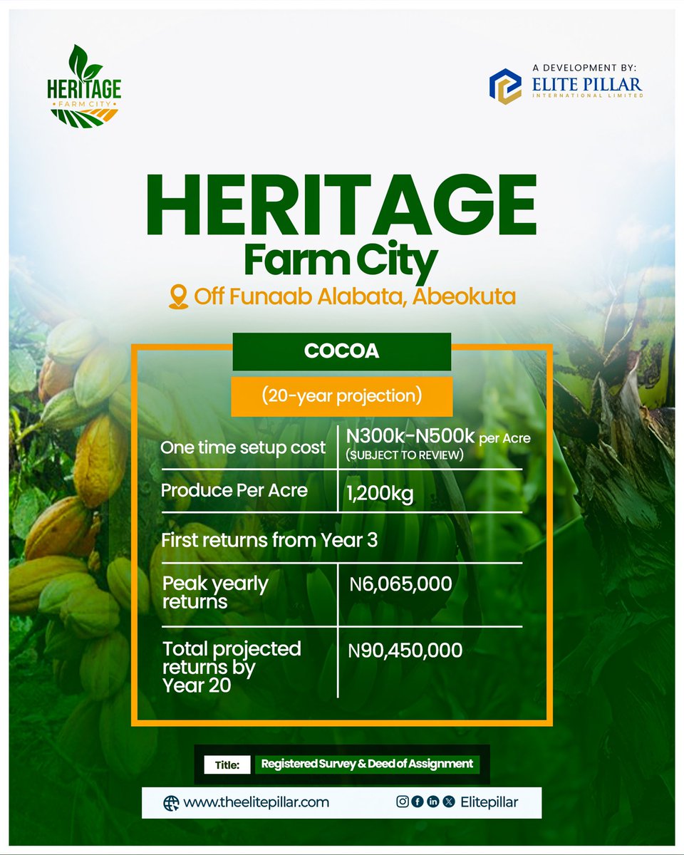 RuthTowesho's tweet photo. Heritage farm city is located in Alabata,Abeokuta.
We help you own the land for life,help you set up ,manage,weed the farm,monitor the farm,help you harvest and we can also help you sell the Cocoa produce in the market and you make make atleast 7m on an acre of cocoa farm. https://t.co/8DPvqsPp4Q