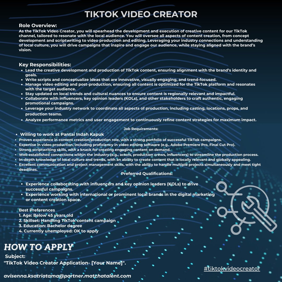 Aviknight's tweet photo. Hello job seeker, i'm looking for Tiktok Video Creator to be placed in Pantai Indah Kapuk. If you are interested, please check out the requirements below:

Thank you Cc. 
@txtdrlinkediin @hrdbacot

#lokerhr #onsite #LokerPam #TxtLoker #tiktok https://t.co/2yhcH5qD9U