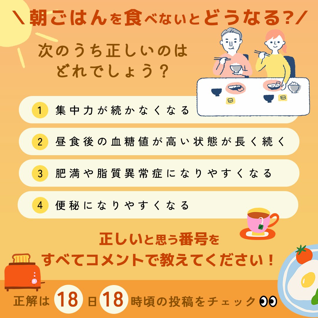 ／
クイズです！📣
朝ごはんを食べないと起こる影響について​
次のうち正しいのはいくつあるでしょうか？
コメントで教えてください！
＼

みなさん朝ごはんはしっかりとっていますか？

正解は18日18時頃発表…！👀
#健康サイト