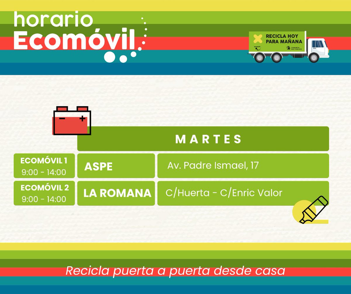 🚛 Este martes 15 de abril nuestros ecoparques móviles tendrán parada en las siguientes localidades:

📍Aspe
📍La Romana

Para más información, puedes consultar nuestra página web: consorciobaixvinalopo.com. ♻️ Reduce, reutiliza, separa, recicla.