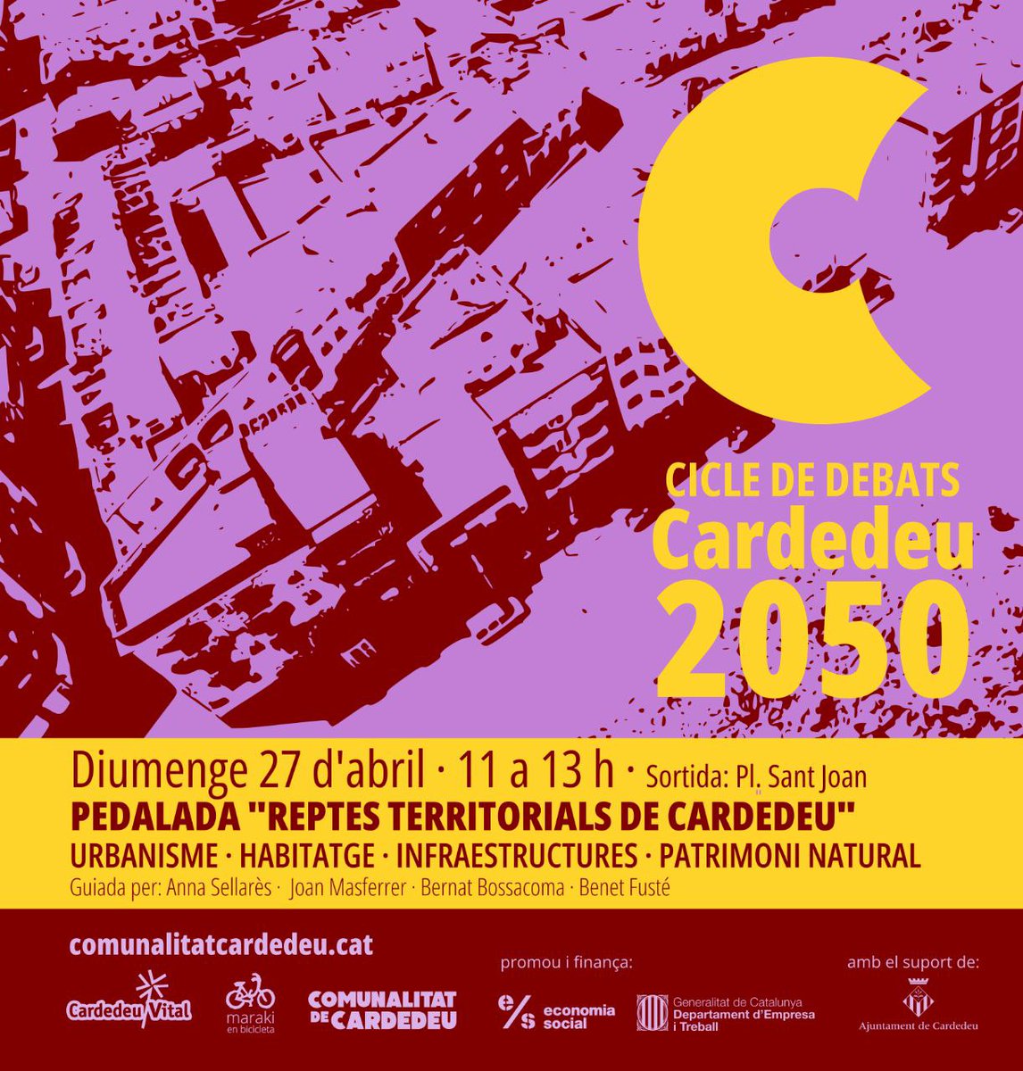 🚲🏘️ Reptes territorials de Cardedeu
📅 Diumenge 27 abril 11h
📍 Sortida Pl. St. Joan

Pedalada per conèixer opcions de l'urbanisme, habitatge, infraestructures i protecció del patrimoni i entorn.
Guiat per membres de Cardedeu Vital.

🚲 Vine amb la teva bici. Dist. 7 km. 2 hores