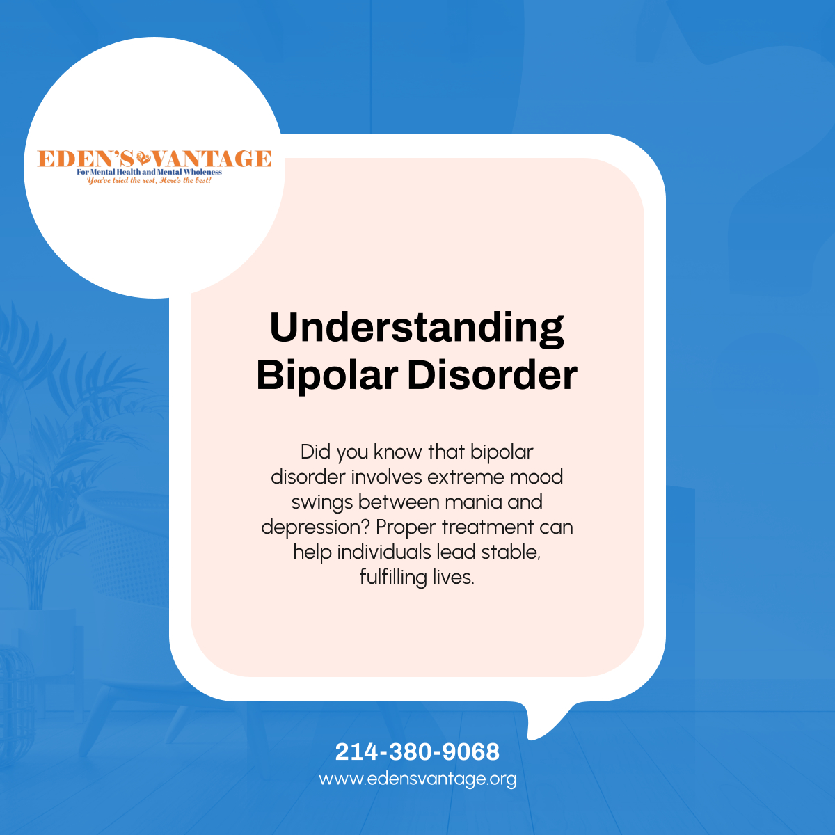 EdensVantage's tweet photo. Bipolar disorder affects mood, energy, and activity levels. Early diagnosis and the right care plan can improve daily life. 

#BehavioralHealthCare #ForneyTX #BipolarAwareness https://t.co/Klzb5iXz5x